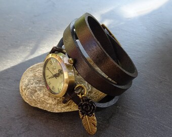 Woman best friend gift : leather wrap retro woman watch vintage with feather charm