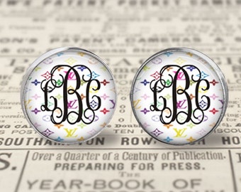 Louis Vuitton Inspired Monogram Glass Stud Earrings, Monogrammed Jewelry, Personalized Earrings, Initial Earrings, Stud Glass Earrings