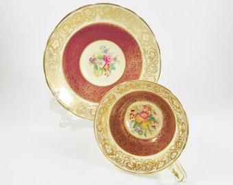 Hammersley Teacup and Saucer, Vintage Hammersley Tea cup, Burgundy Red Gold Floral Teacup, Bone China, Gift for Tea Lover, Garden Party