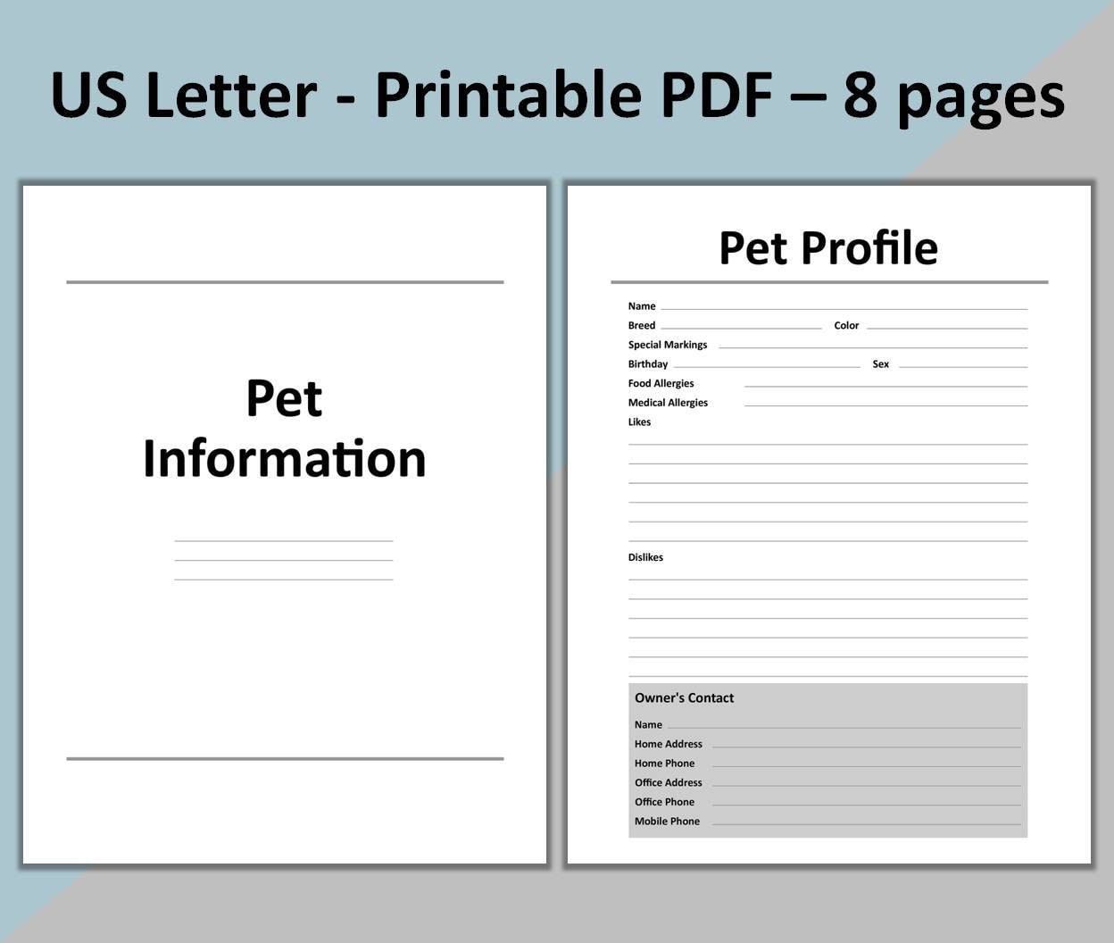 Pet Information Printable Pet Planner Pet Organizer for 8.5