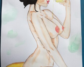 Dessin Peinture aquarelle sexy sur papier par G.Vanspey format A4 nu feminin female nude painting "parfumée"