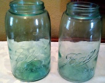 Lot of 2 Antique Blue/Aqua/Teal Ball Mason Jars Dots on Bottom Quart 1900-1910