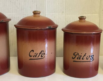 Vintage Set of 4 French Enamelware Nesting Canisters