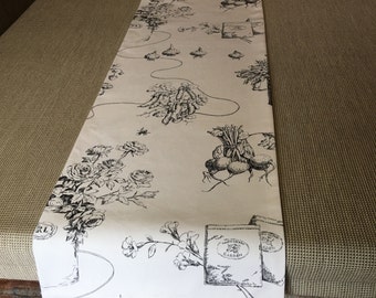 Black and white table runner/ 13"x102" large table runner/ reversible white and bkack table runner/ garden botanical print table runner