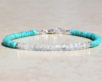 Sleeping Beauty Turquoise Bracelet, Rainbow Moonstone Bracelet, Birthstone Bracelet, Beaded Gemstone Bracelet, Gift for Her, June Birthstone