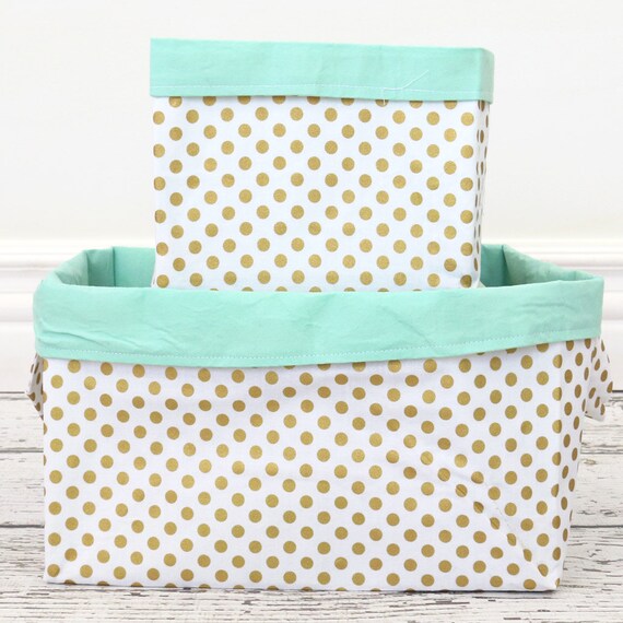 Gold Dot and Mint Fabric Storage Bins Large Bin Small Bin