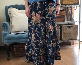 Vintage Ralph Lauren Prairie Skirt / 80s Floral Maxi Skirt / Ruffled 90s Skirt / Long Blue Skirt with Flowers / Women's medium high waist
