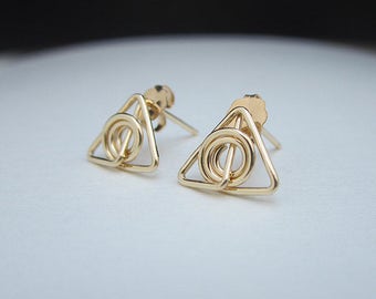 Gold Deathly Hallows Stud Earrings, Gold Harry Potter Jewelry, Gold Triangle Spiral Stud Earrings, Gold Studs, Small Gold Studs