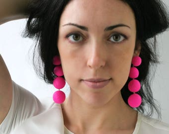 Hot pink earrings Long earrings Statement stud earrings Big lightweight clip on earrings Felt ball dangle earrings Gifts for girlfriend