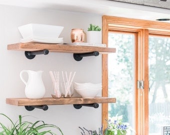 Industrial Shelf, Industrial Shelves with Black Pipes, Metal Pipe Brackets, Rustic Wood & Pipe Shelves, Shelf, Pipe Shelf, Metal Pipe
