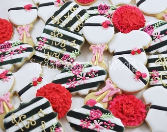Kate Spade Baby Shower Sugar Cookies - Girl - cute - sweet - onesie - flowers - baby rattle - party favors - it's a girl - fashionista