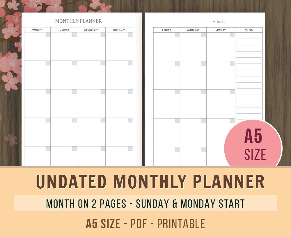 A5 Monthly Planner Inserts Undated Calendar Printable