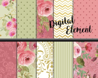 Digital Paper, Digital Scrapbook Paper, Pink Shabby Rose Watercolor Paper, Vintage Pink with Gold Rose Scrapbook Paper. No. P172