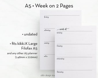 Week on Two Pages, A5 Planner Inserts, Weekly Planner, Undated Planner, Undated Weekly, Printable Planner, Daily Planner, A5 Filofax