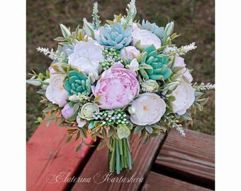 Wedding bouquet succulent bouquet Clay bouquet flowers bridal bouquet alternative bouquet keepsake eucalyptus Peonies Greenery wedding pink