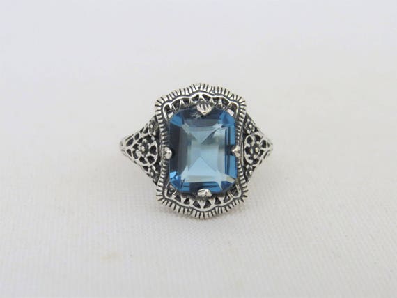 Vintage Sterling Silver Aquamarine Filigree Ring Size 7.5