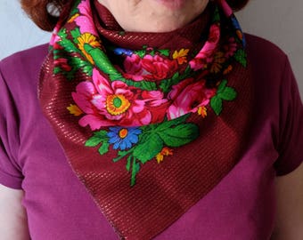Bordo Russian Scarf, dark-red lurex floral scarf, vintage vinous flowered kerchief, lightweight thin neck scarf, Foulard Russe
