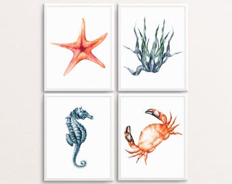 Beach Decor, Beach Art Prints, Bathroom Wall Decor, Nautical Print Set, Beach House Art, Crab Print, Starfish Print, Seahorse Print, Seaside
