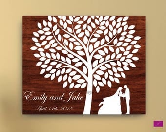 Rustic wedding guest book alternative canvas or poster, Wedding Tree with couple silhouette, Wooden wedding guest book alternative canvas