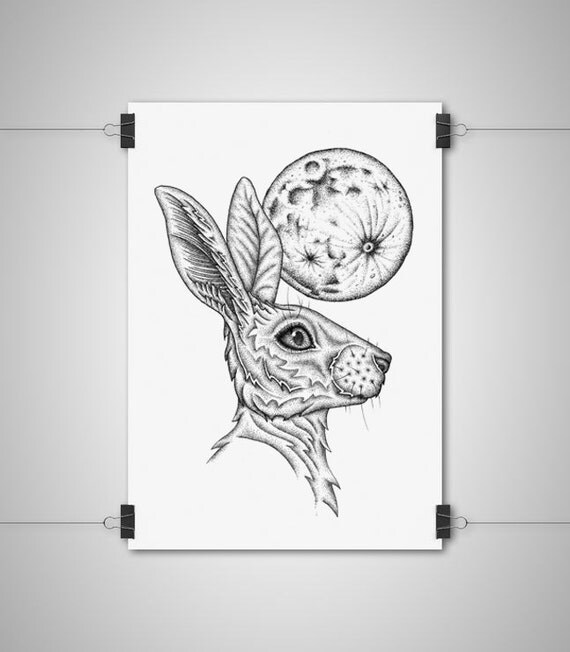 Items similar to Moon Gazing Hare Pointillism Wall Art Print Modern