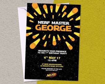 12 Printed NERF Personalised Birthday Party A6 Invitations with/without envelopes