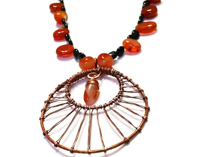 Black and Orange Fire Agate Copper Necklace, Copper Pendant Gemstone Necklace, Grounding Gemstone, Sacral Chakra Necklace, N016