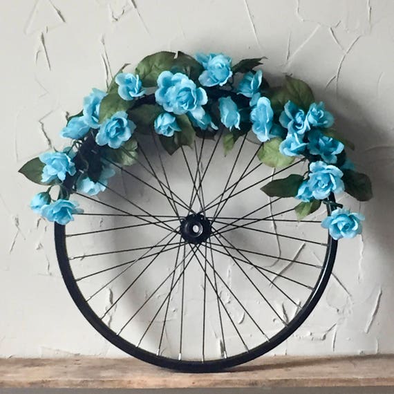 Bicycle wheel wreath teal floral bike rim wreath upcycled