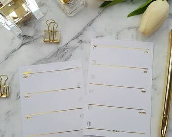 Pocket (PM) Small GOLD FOIL Week on two pages (WO2P) planner inserts paper | Physical refill for Kikki k,Filofax, Louis Vuitton agenda