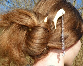 Natural White Tail Deer Antler Hair Fork Stick With Czech Fire Glass Beads & Crystals, Woodland Fantasy Style Hair Accessory