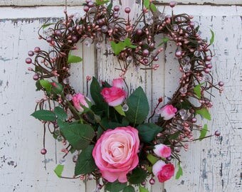 Heart Wreath, Mother's Day Wreath, Roses Wreath, Pink Wreath, Romantic Wreath, Valentines Wreath, Simple Wreath