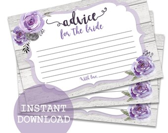 Bridal Shower Advice Cards Purple, Advice for the Bride Printable, Purple Floral Bridal Advice Cards, Printable Shower Advice Cards Purple