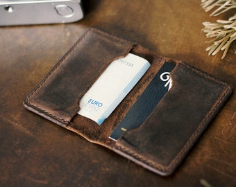 Handcrafted leather card case wallet purse minimalist slender dark brown handmade vintage business cards