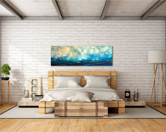 Art Canvas Print Giclee Painting landscape -- modern abstract scenic foothills, fog, clouds, moody wet sky and land, soothing dreamy, 20x60