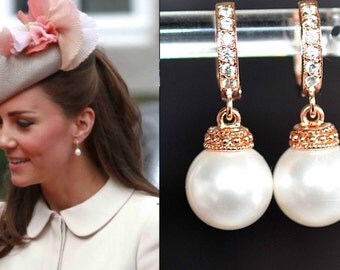 Your Choice of Findings & Pearl Colour -- Handmade Celebrity Inspired CZ and Pearl Rose Gold Earrings, Bridal, Wedding (Pearl-730)