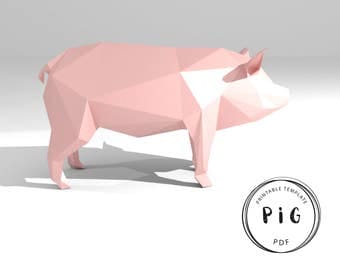 Printable DIY template (PDF). Pig low poly paper model. 3D animal paper sculpture. Origami.