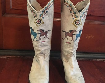 Vintage Southwestern Print Tan Cowboy Cowgirl Boots Size 7