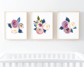 Floral Watercolor Art Prints Set of 3 purple Floral Watercolor Wall Art Crib Art Girls Nursery Art Prints Digital art prints 8x10 and 11x14