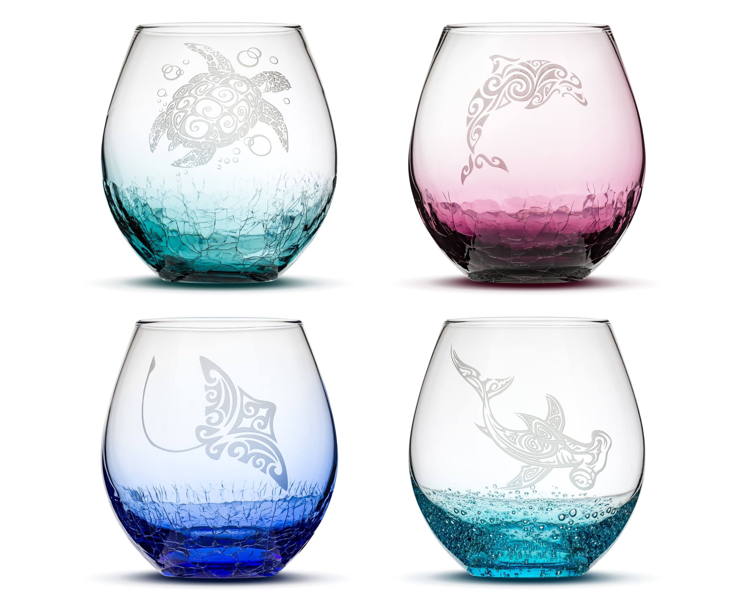 Set of 4, Etched Wine Glasses, Handblown Crackle, Tribal Sea Animals, Sand Carved by Integrity Bottles
