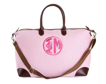PM Phi Mu Sorority Embroidered/Monogrammed Pink Seersucker Satchel.