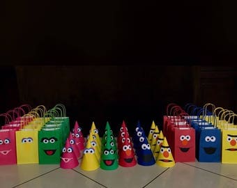 Sesame Street Birthday Party Hats or bags (12) | Elmo, Cookie Monster, Bert, Oscar The Grouch, Big Bird, Abby | Sesame Street Birthday | Fav