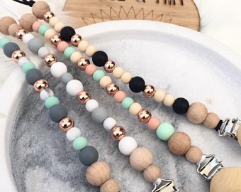Dummy clips, pacifier clips, soother holders- various colours with silicone, wood & rose gold beads- DIN EN 12586 compliant