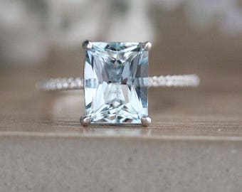 White Gold Aquamarine Emerald Cut Engagement Ring, 10x8mm Natural Aquamarine Wedding Ring, 14k White Gold and Diamond Bridal Ring