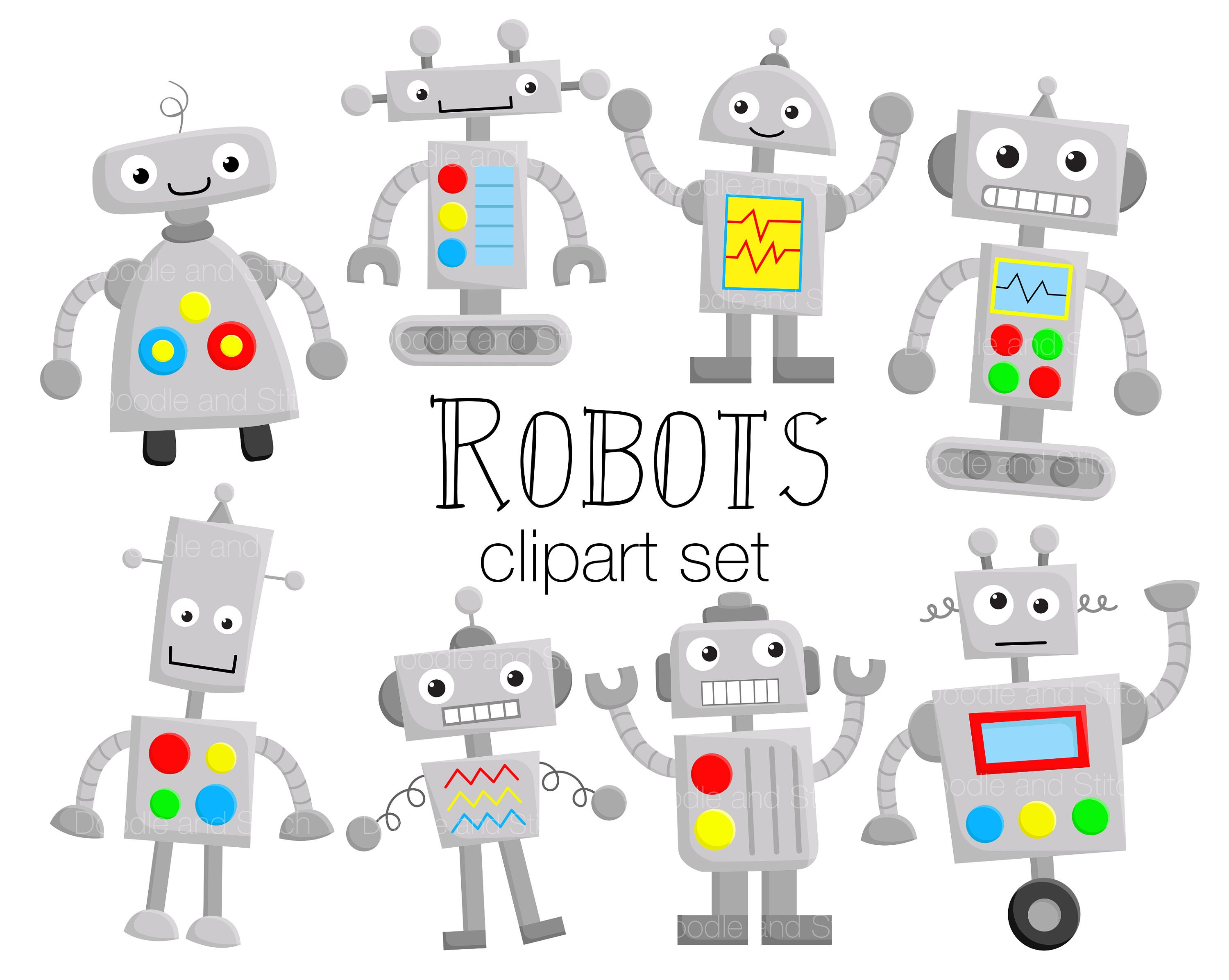 Robot Clipart Set Cute Robots Clip Art Designs Fun Robot