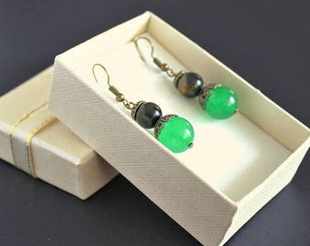 Dangle green earrings Green jade gemstone earrings Birthstone jade Green ball earring Emerald green jewelry Black emerald green jewelry gift