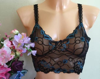 Black and teal soft lace bralette , strappy bra handmade in England.