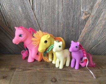 My Little Pony Instant Collection {4 My Little Ponies Toys} Pink Green, Yellow, Purple Hair Horse Toy Fakies? Vintage Pony Toys
