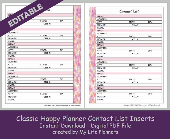 CLASSIC Happy Planner Contact List Inserts Editable Printable