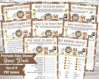 Baby Shower Games, Printable Safari Baby Shower Games, Set of 8 Games, Instant Download, Scattergories, The Price is Right, DIY Shower Games
