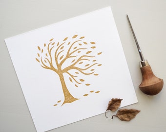 Lino Print. Hand Printed. Original Lino Cut Tree.