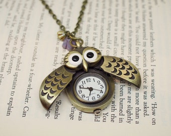 Owl Pocket Watch Necklace with Flowers / Woodland Nature Inspired / Working Watch